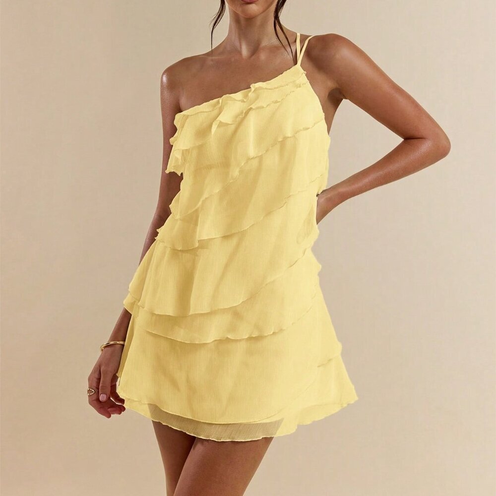Yellow Party Women's Layered Lotus Leaf Mini Dress - Picture 7 of 7